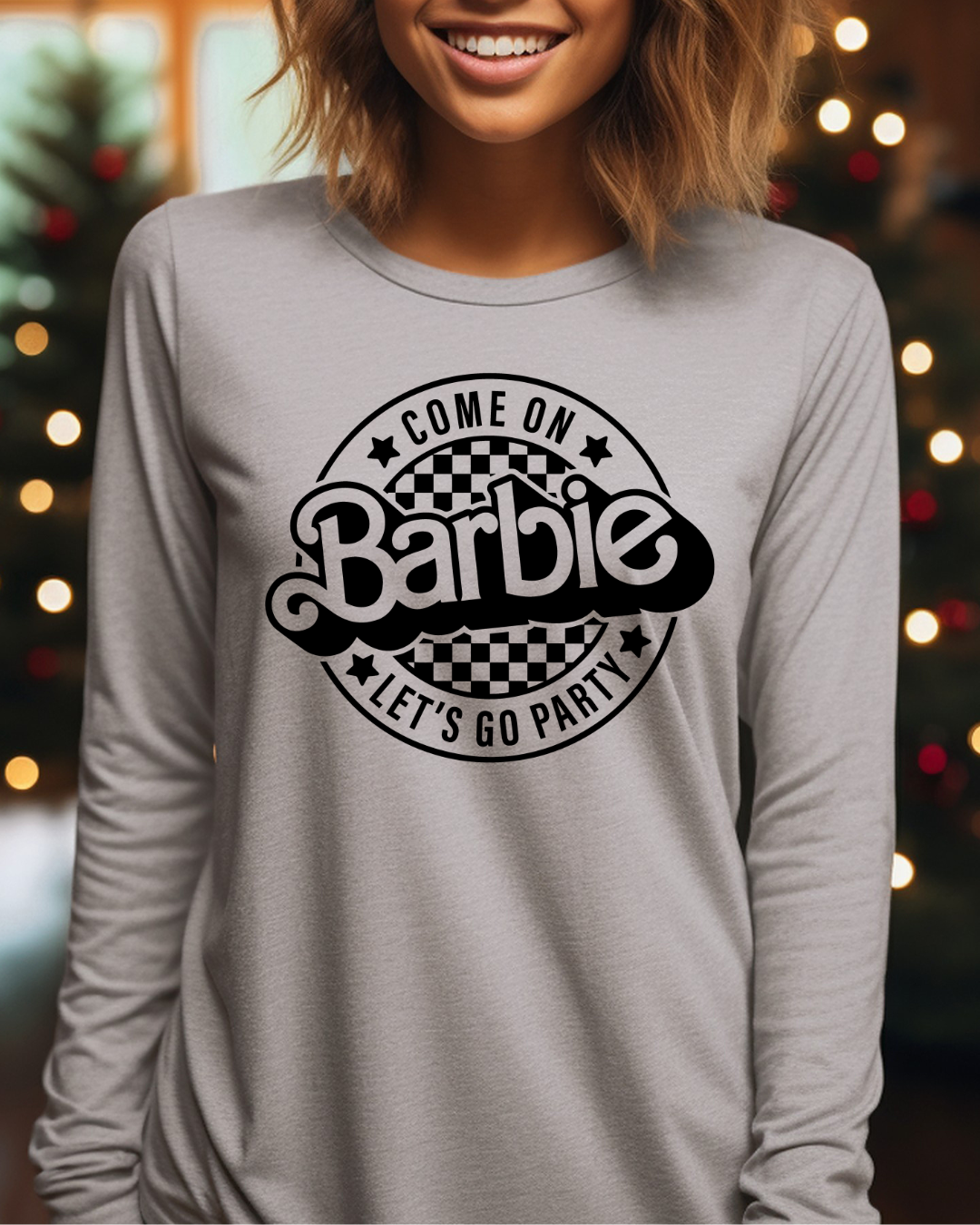 Barbie Lets Go Party Logo Adult Long Sleeve Tee (Black)