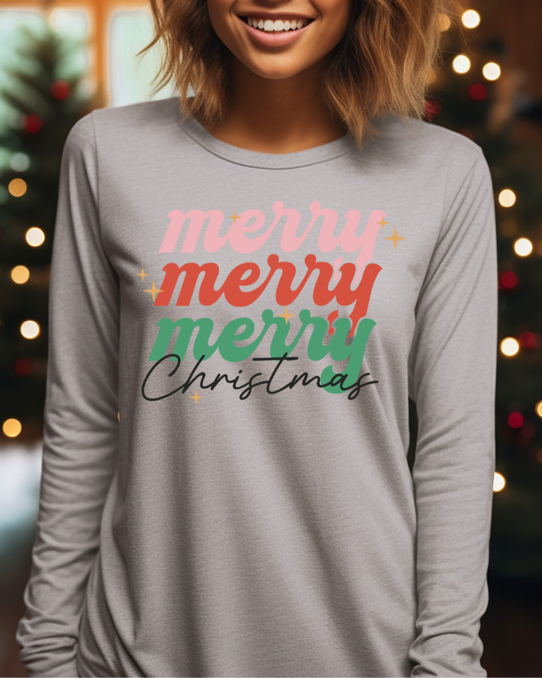 Merry Merry Merry Christmas Adult Long Sleeve Tee
