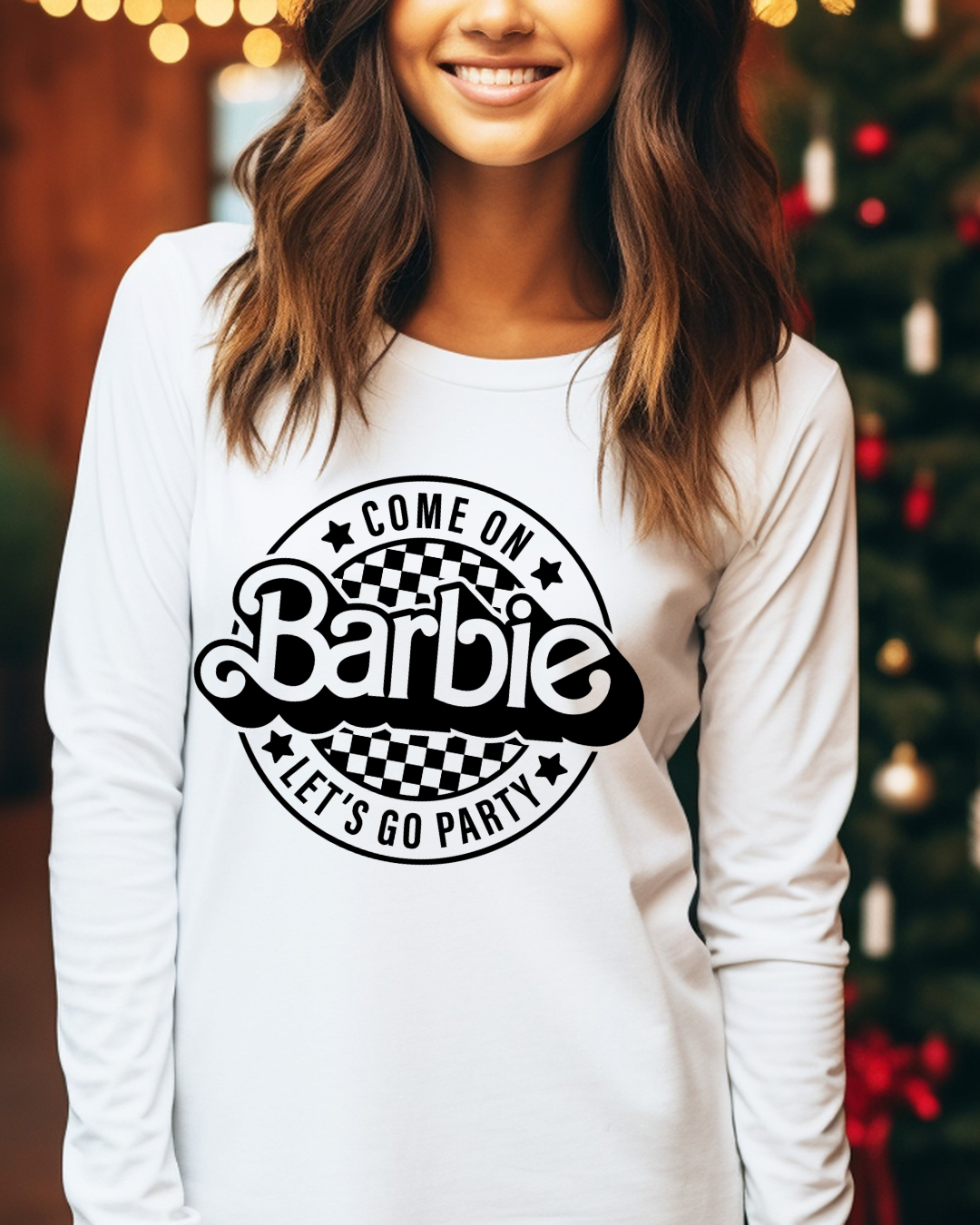 Barbie Lets Go Party Logo Adult Long Sleeve Tee (Black)