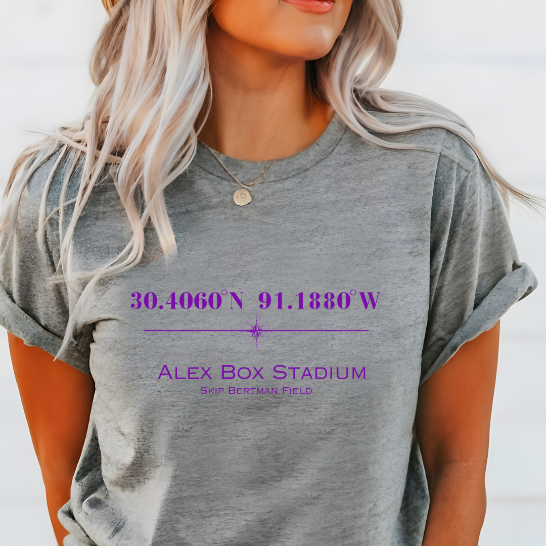 Alex Box Skip Bertman Stadium Coordinates Louisiana Baseball Adult Tee (Purple)