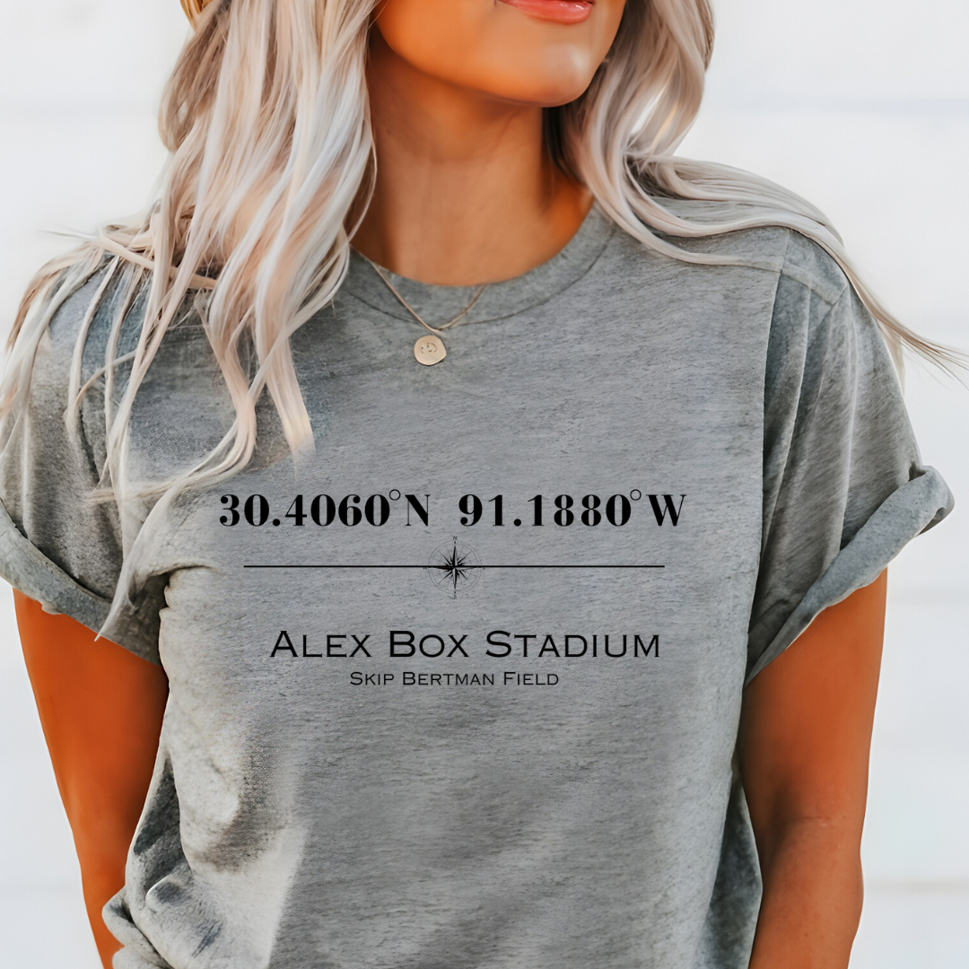 Alex Box Skip Bertman Stadium Coordinates Louisiana Baseball Adult Tee (Black)