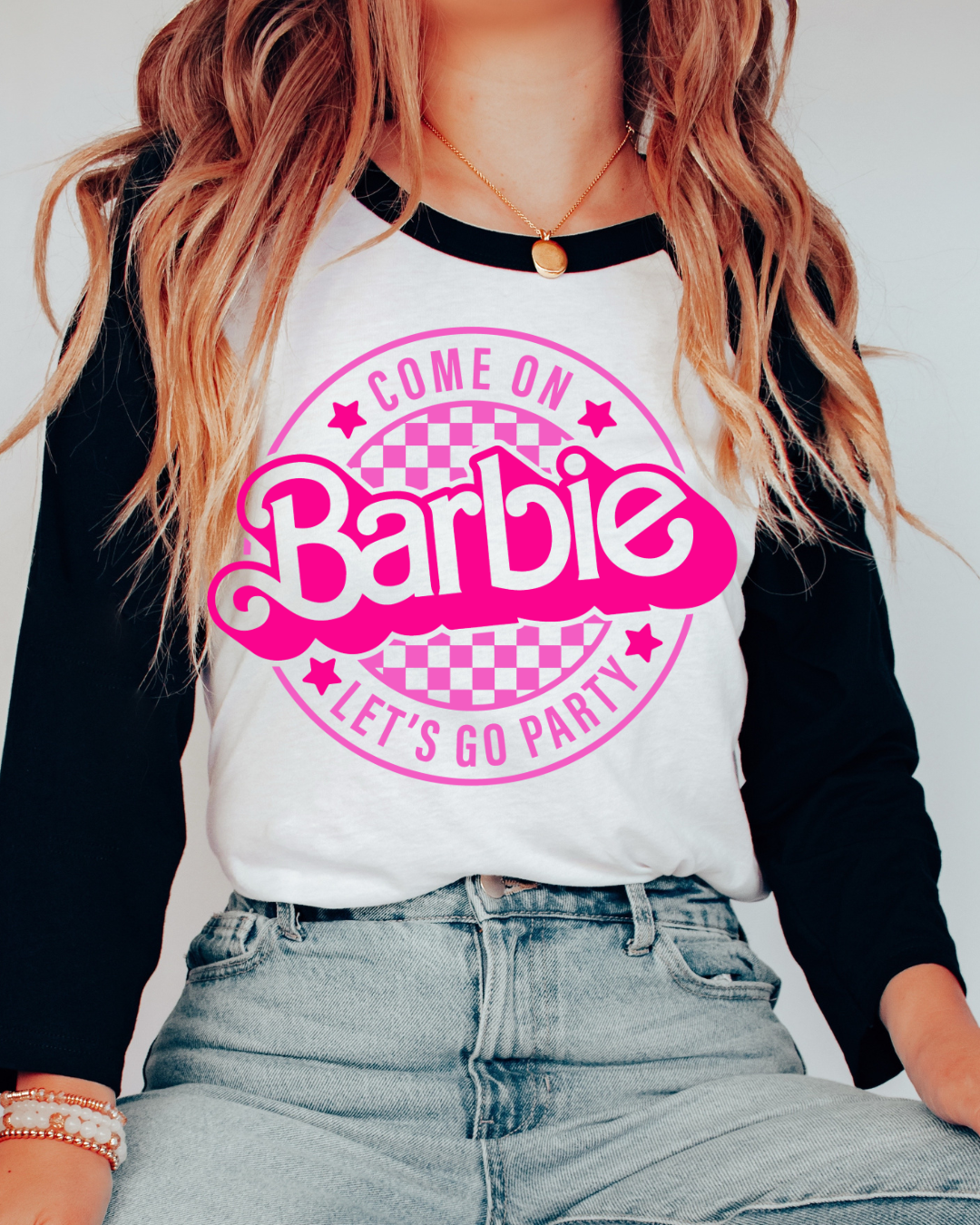 Barbie Lets Go Party Logo (Pink) Three Quarter Sleeve Toddler Tee