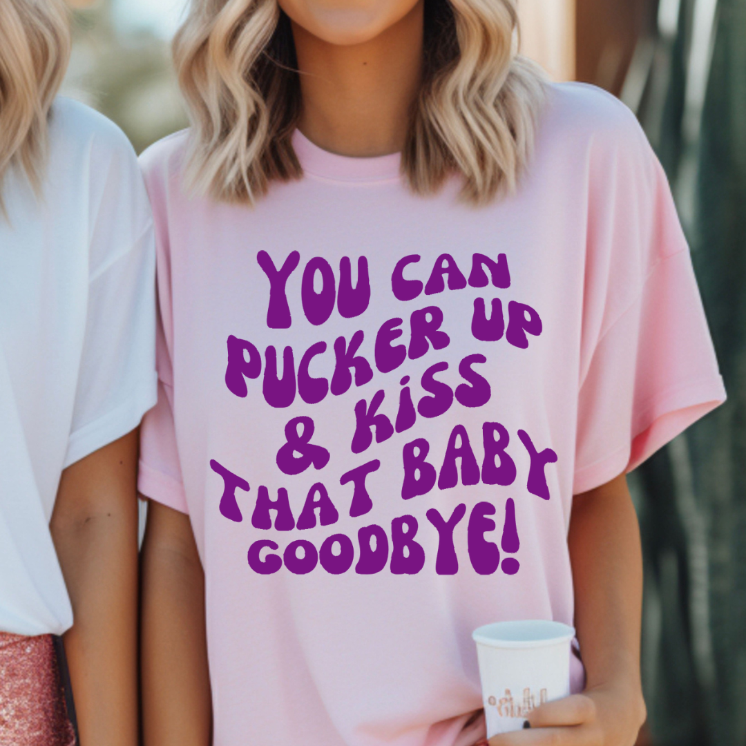 Pucker Up and Kiss that Baby Goodbye Tigers Louisiana Baseball Adult Tee (Purple)