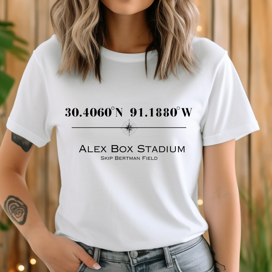 Alex Box Skip Bertman Stadium Coordinates Louisiana Baseball Adult Tee (Black)