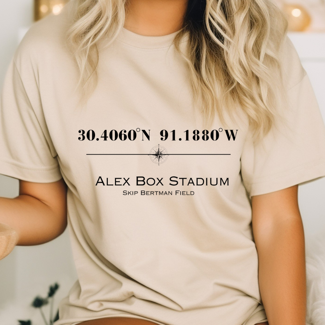 Alex Box Skip Bertman Stadium Coordinates Louisiana Baseball Adult Tee (Black)