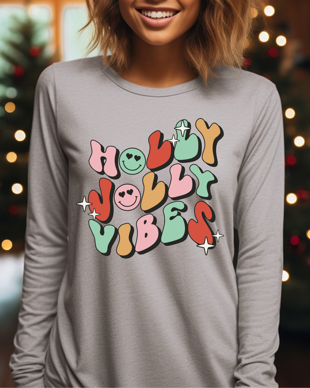 Holly Jolly Vibes Christmas Adult Long Sleeve Tee
