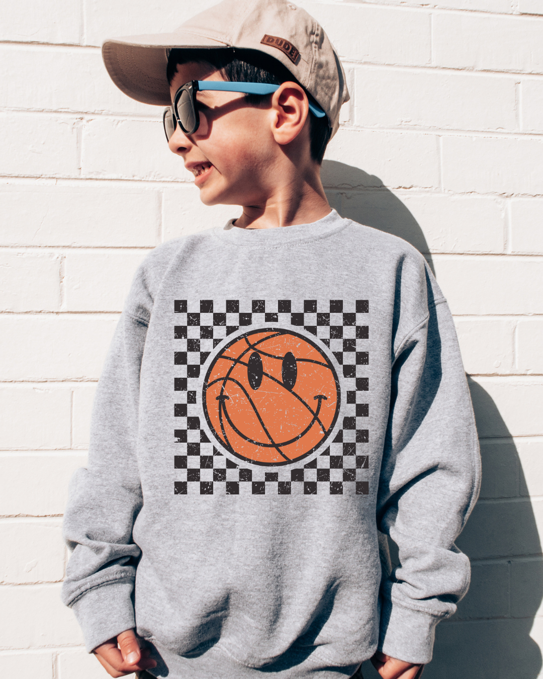 Checkered Distressed Basketball Youth Crewneck Pullover