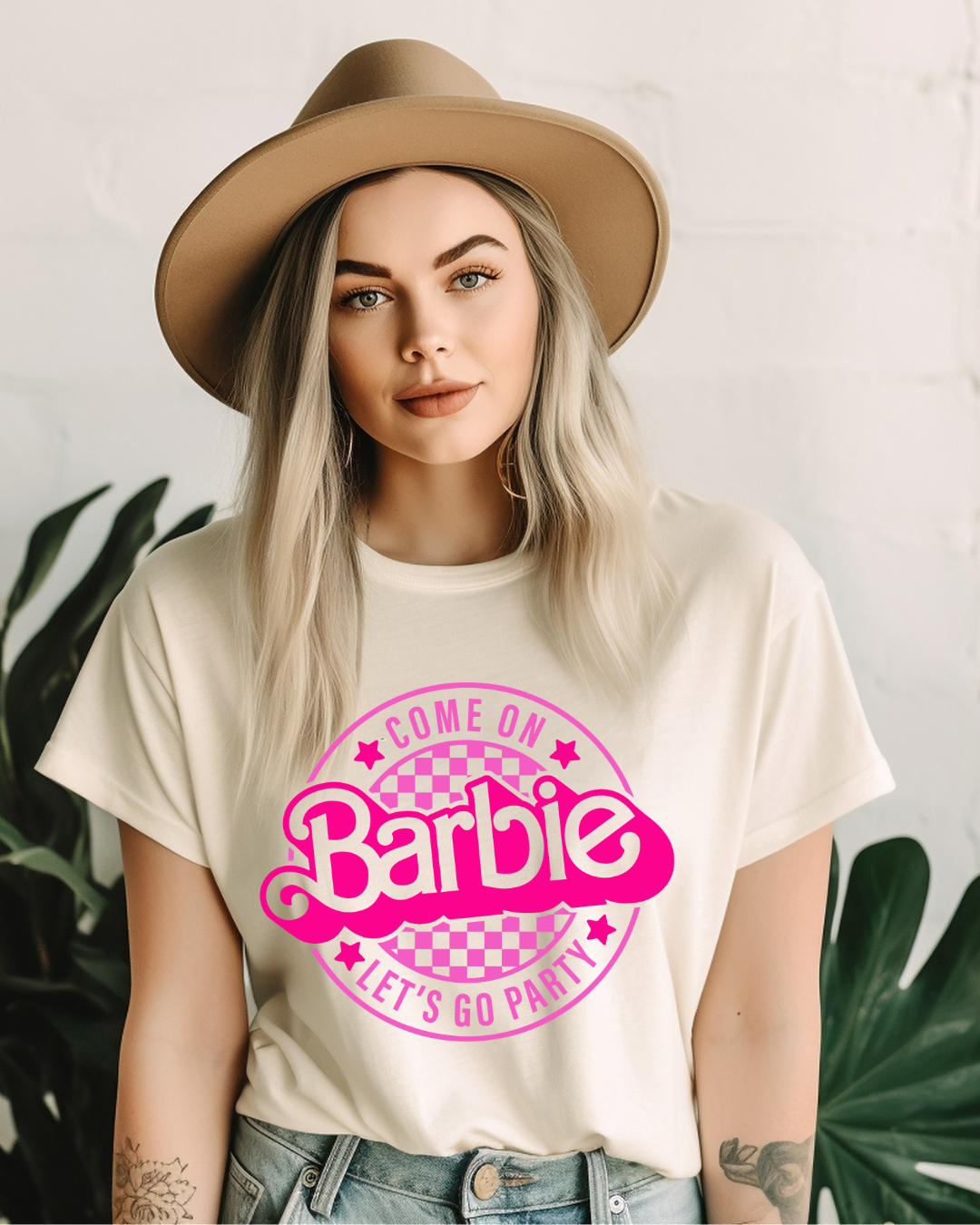 Barbie Lets Go Party Logo Adult Tee (Pink)