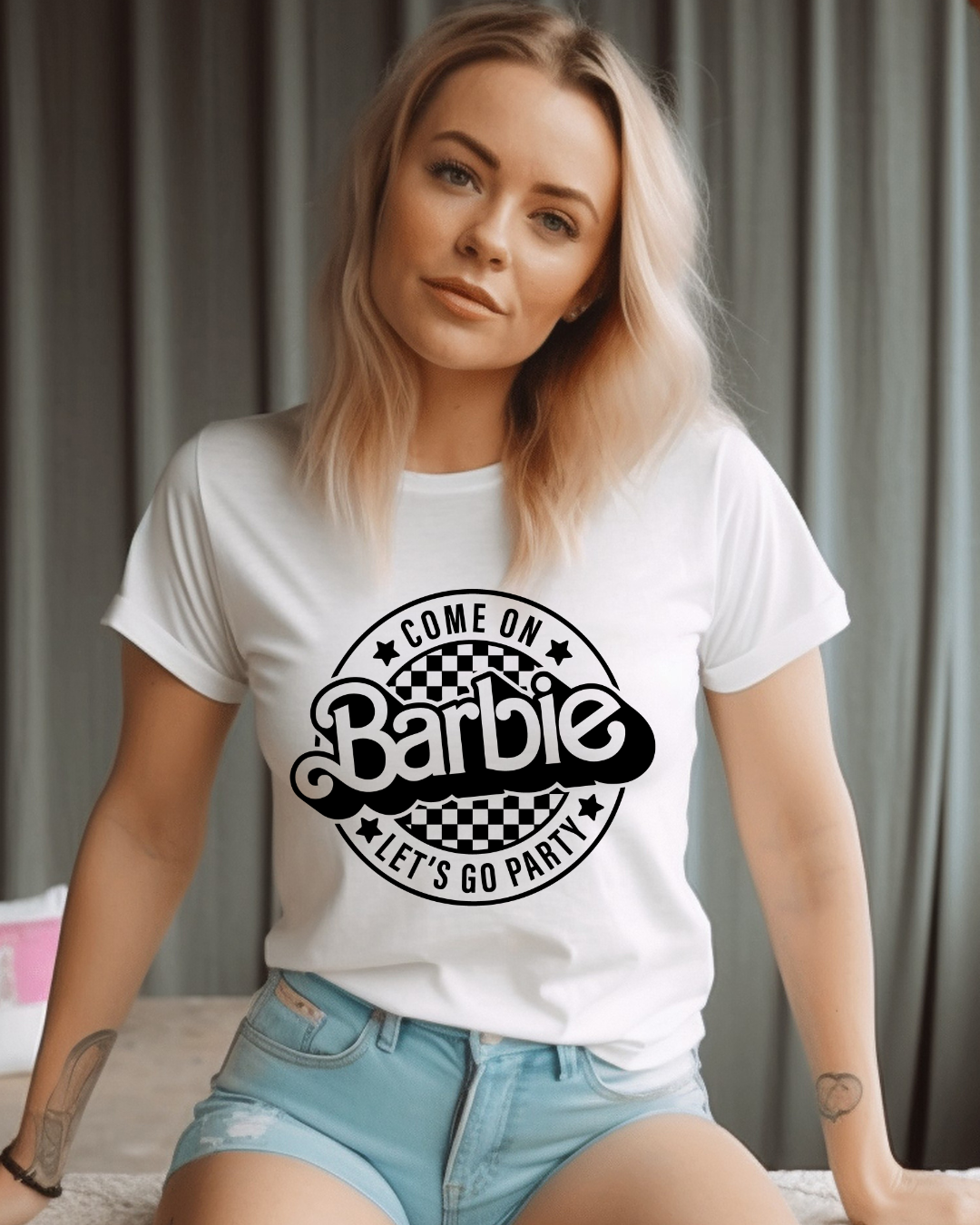 Barbie Lets Go Party Logo Adult Tee (Black)