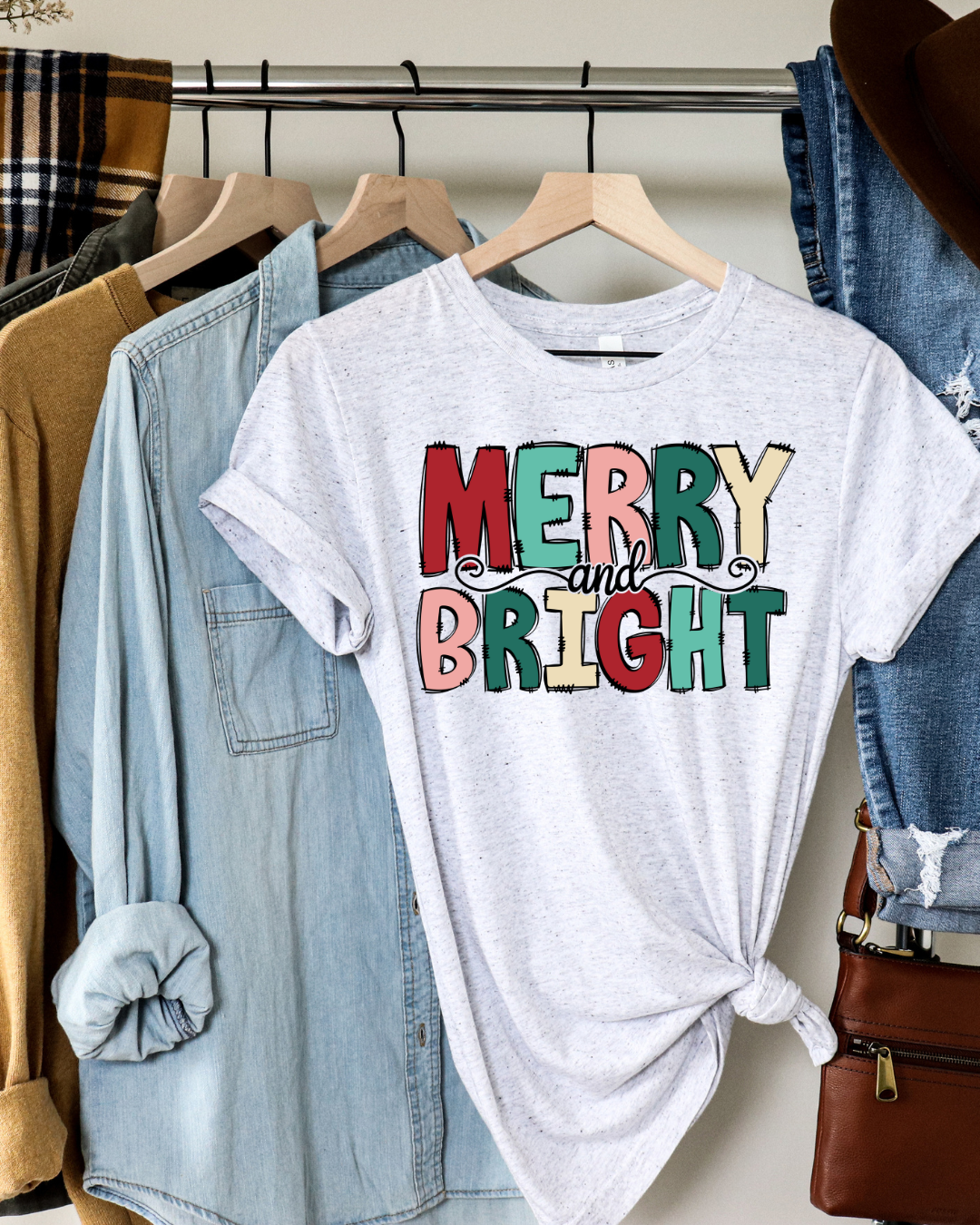 Colorful Merry & Bright Christmas Adult Tee
