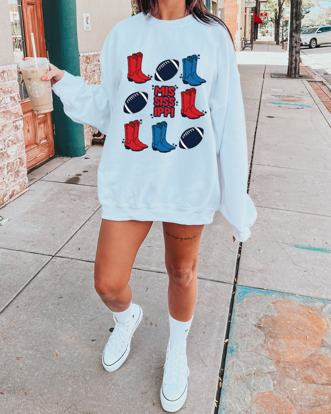 Mississippi Cowboy Boots and Football Adult Crewneck Pullover