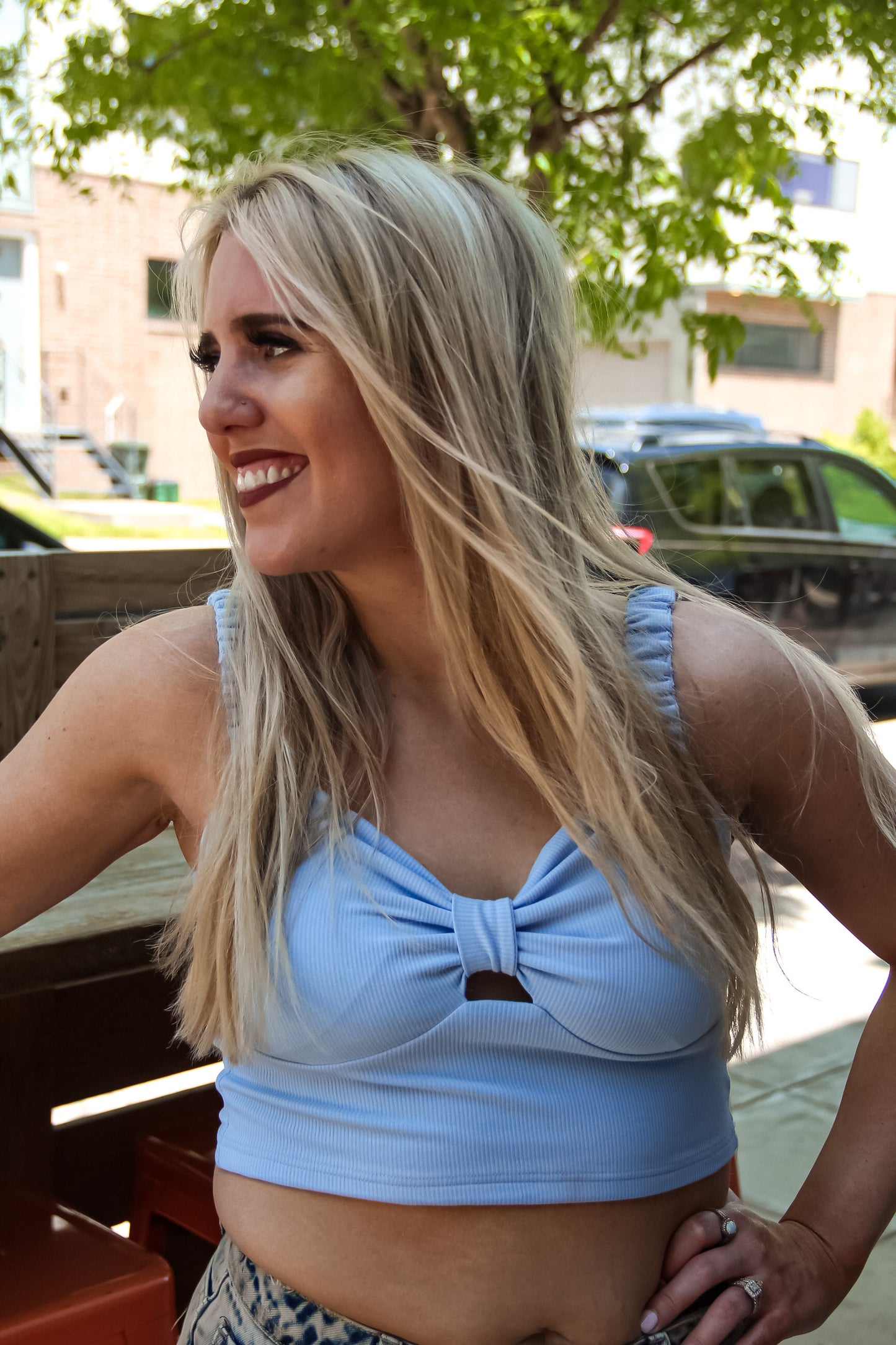 Put On Notice Ribbed Crop (Light Blue)