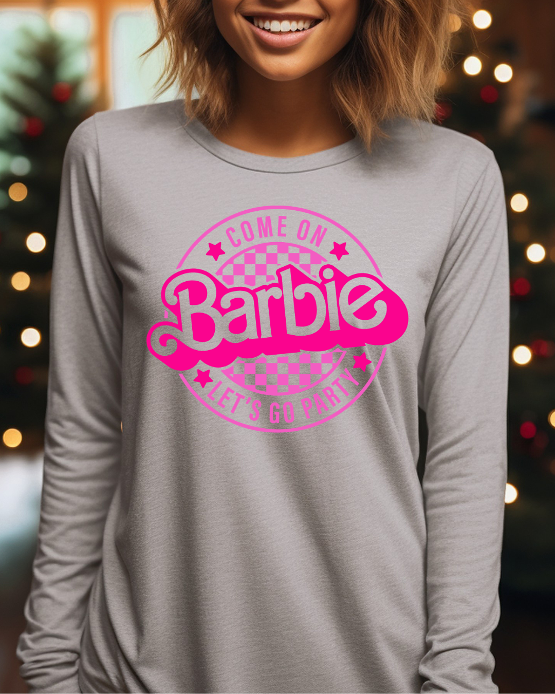 Barbie Lets Go Party Logo Adult Long Sleeve Tee (Pink)