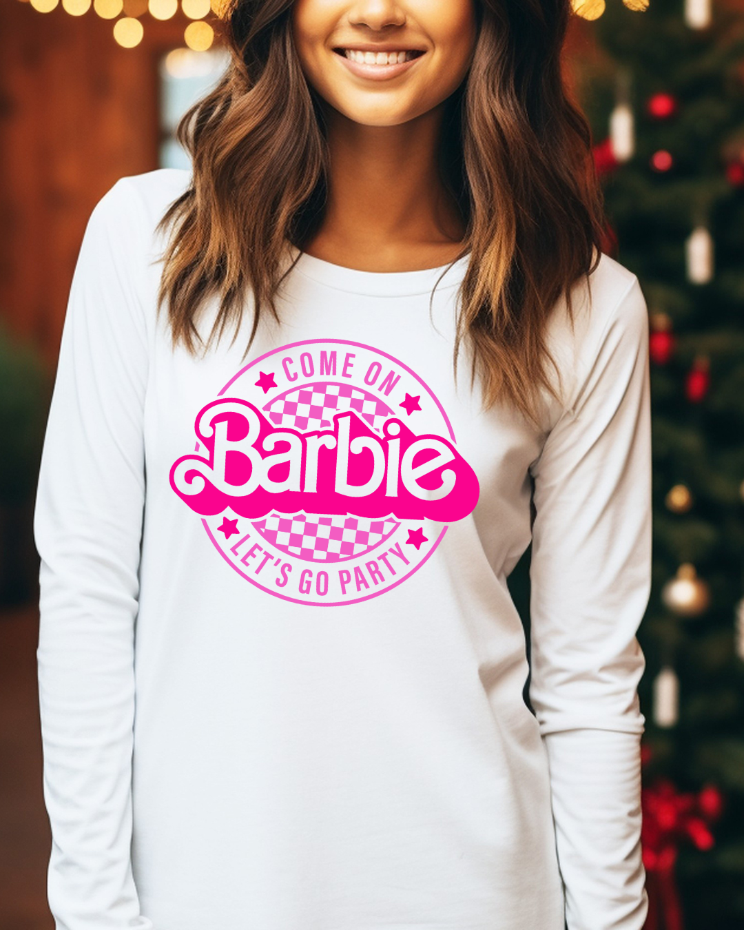 Barbie Lets Go Party Logo Adult Long Sleeve Tee (Pink)