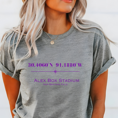 Alex Box Skip Bertman Stadium Coordinates Louisiana Baseball Adult Tee (Purple)