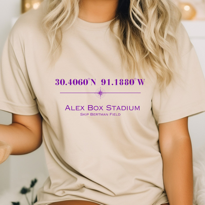 Alex Box Skip Bertman Stadium Coordinates Louisiana Baseball Adult Tee (Purple)