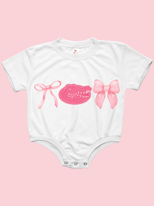 Pink Florida Gator Bows Baby Bubble Tee Shirt Romper