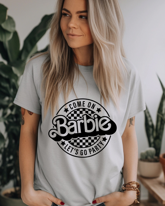 Barbie Lets Go Party Logo Adult Tee (Black)