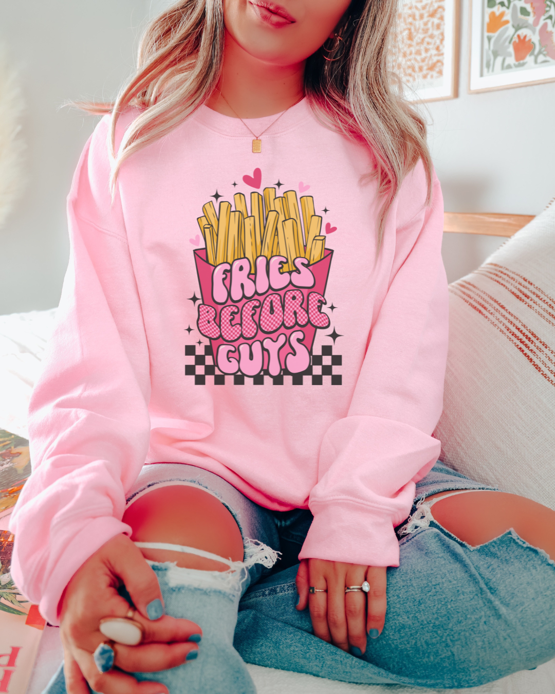 Fries Before Guys Adult Crewneck Pullover