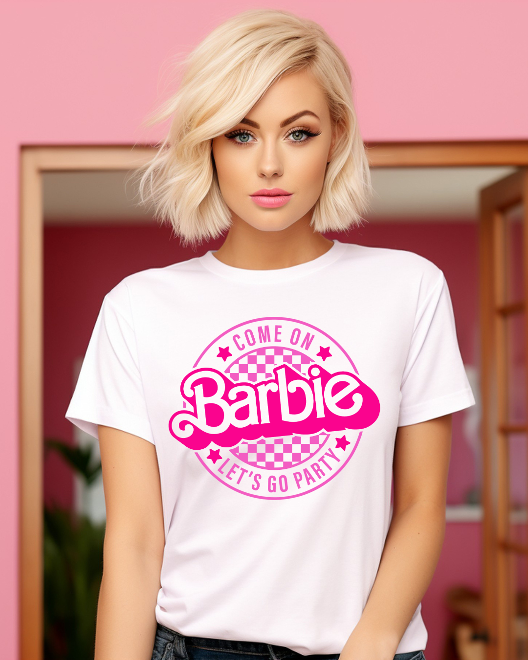 Barbie Lets Go Party Logo Adult Tee (Pink)