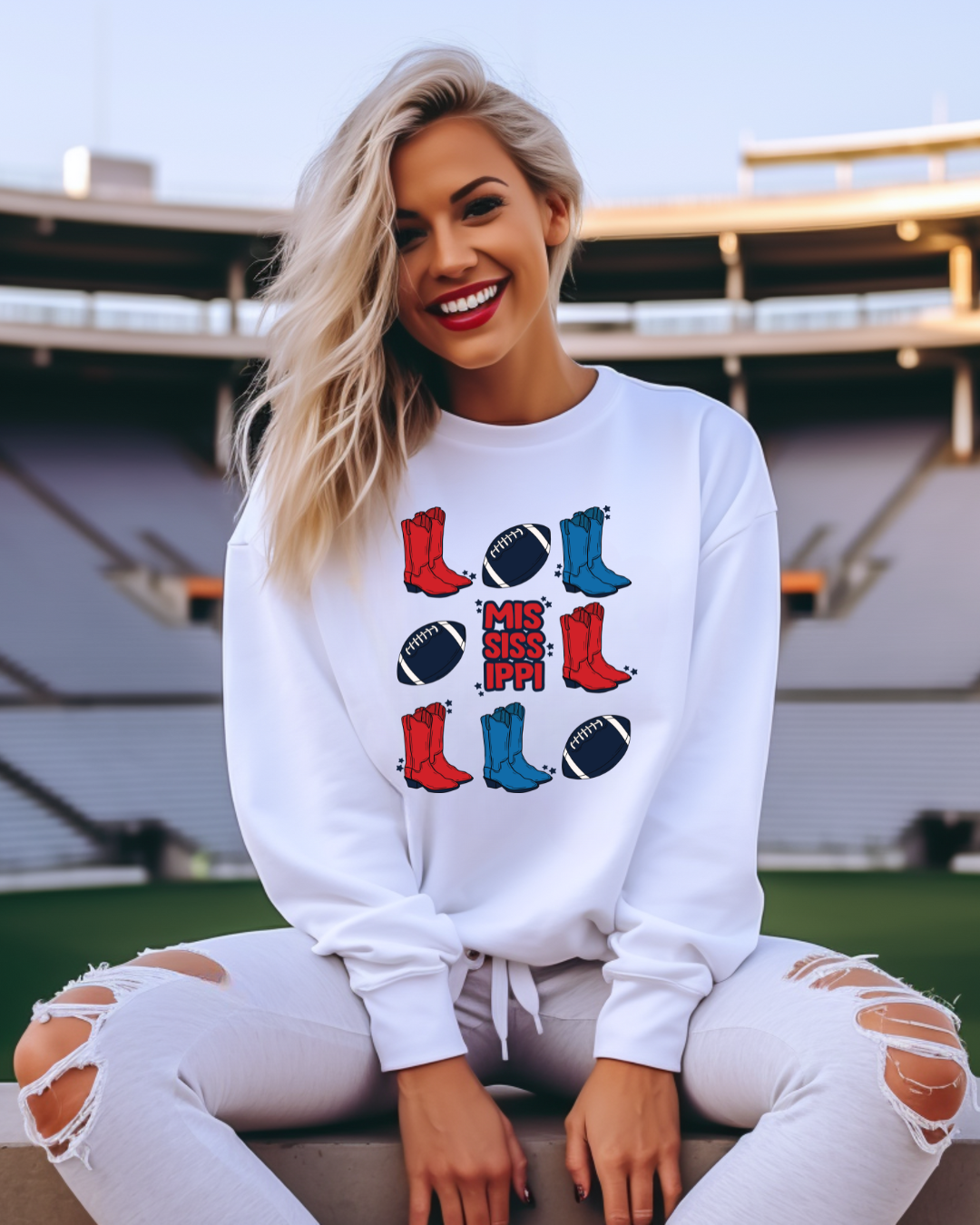 Mississippi Cowboy Boots and Football Adult Crewneck Pullover