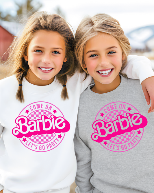 Barbie Lets Go Party Logo Youth Crewneck Pullover (Pink)