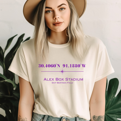 Alex Box Skip Bertman Stadium Coordinates Louisiana Baseball Adult Tee (Purple)