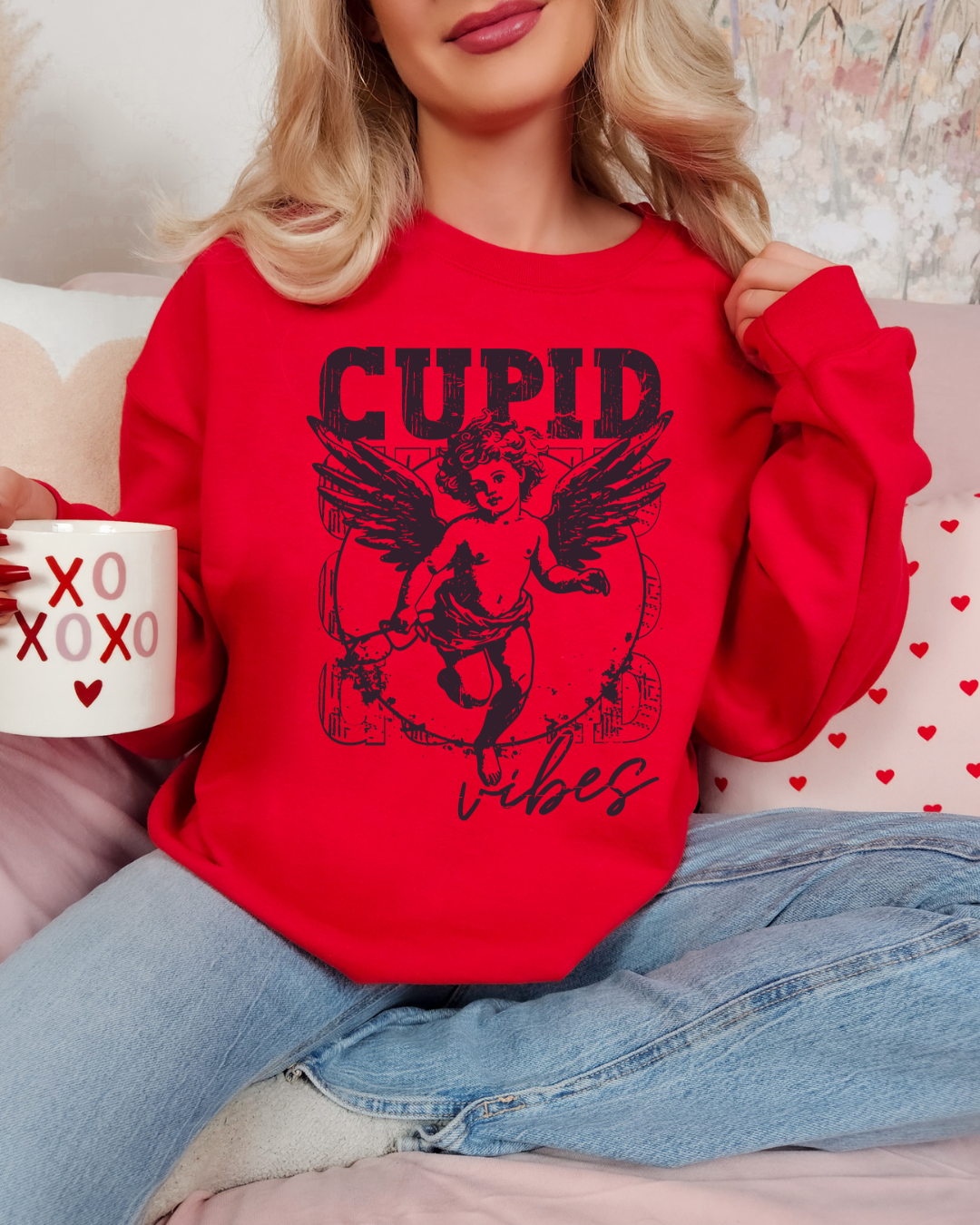 Cupid Vibes Valentines Adult Crewneck Pullover (Black)
