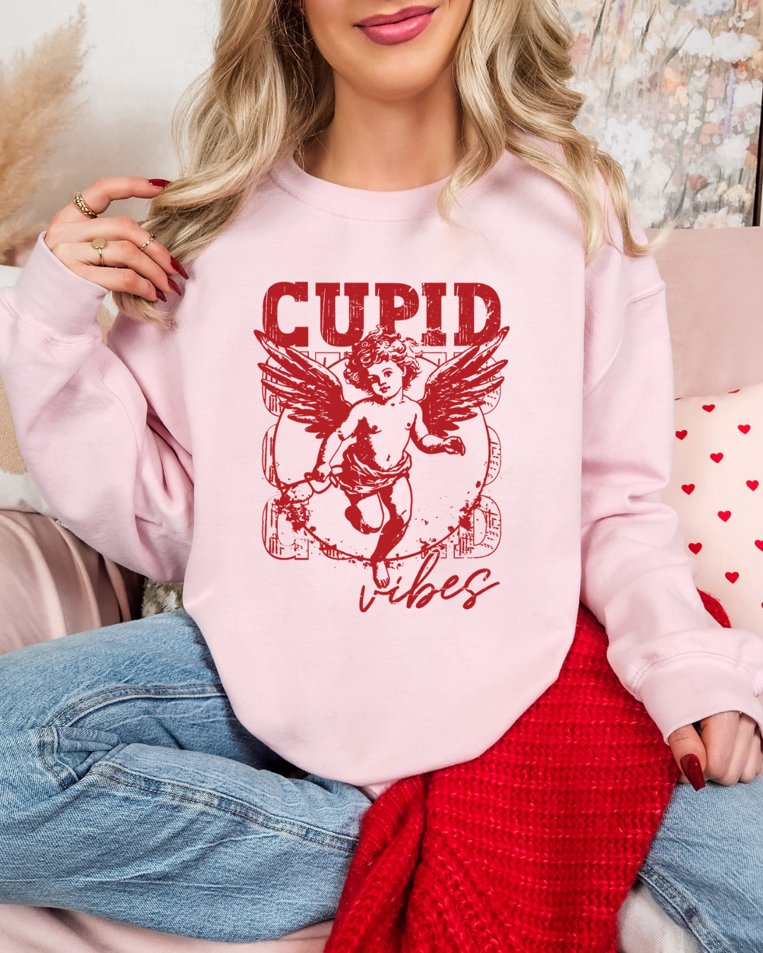 Cupid Vibes Valentines Adult Crewneck Pullover (Red)