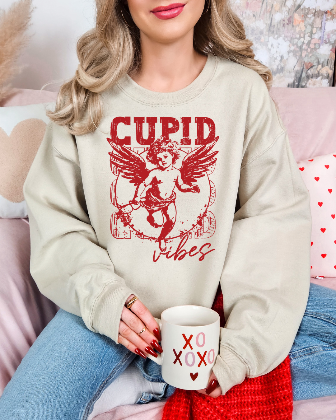 Cupid Vibes Valentines Adult Crewneck Pullover (Red)